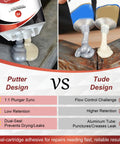 Dual design comparison of Heavy Duty Metal Repair Epoxy For Casting And Filler For Aluminum Steel Iron Plastic Ceramic Waterproof And Heat Resistant Industrial Strength Bond Tough As Nails To Seal Cracks And Sand Holes In Metal Surfaces.