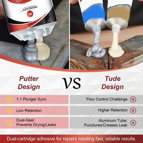 Dual design comparison of Heavy Duty Metal Repair Epoxy For Casting And Filler For Aluminum Steel Iron Plastic Ceramic Waterproof And Heat Resistant Industrial Strength Bond Tough As Nails To Seal Cracks And Sand Holes In Metal Surfaces.