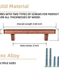Six Pack 3 Inch Hole Center Antique Copper Zinc Alloy Cabinet Pulls side view, length dimensions, and screws shown