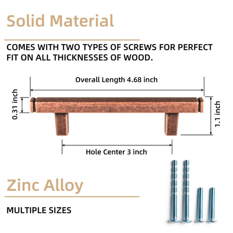Six Pack 3 Inch Hole Center Antique Copper Zinc Alloy Cabinet Pulls side view, length dimensions, and screws shown