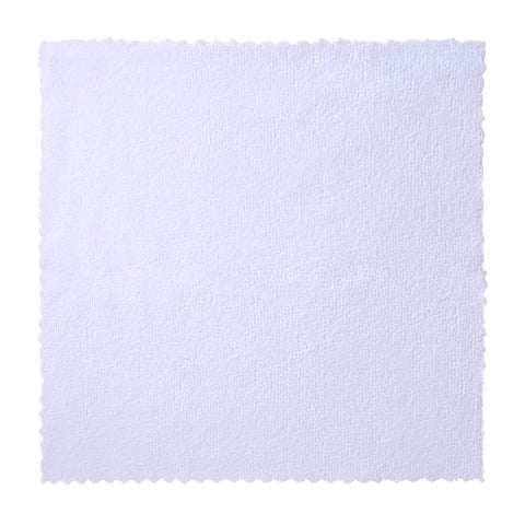 Front view: white microfiber cleaning cloth, 12x12 inches, edgeless and ultra-absorbent