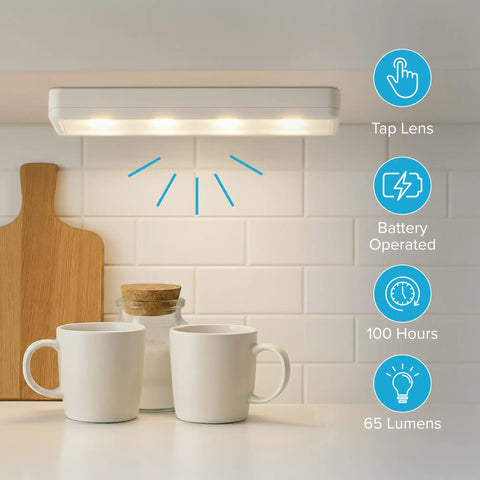 Two Pack Wireless LED Under Cabinet Lights Battery Operated Eight And A Half Inch Long Sixty Five Lumens Tap Light installed above mugs
