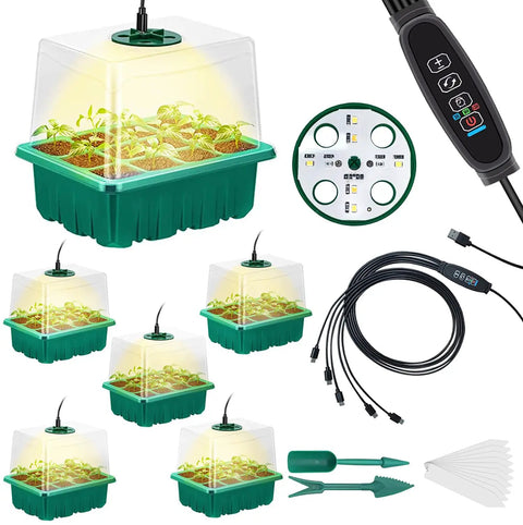 Complete 6-tray Seed Starter Tray Kit With Grow Lights And Humidity Dome 72 Cell Indoor Garden Germination Trays