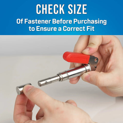 Hands holding Beefy Steel Barrel Fastener Plunger Tool For Water Utility Fasteners 0.158 Inch Inside Diameter Designed For Highfield 93180128 And 93180124 Six Flat Head Barrel Fasteners, showing size check.