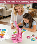 Blush Pink Button Maker Machine 58mm Pin Badge Press Tool With 30 Complete Sets And Sharp Cutter in use by a girl crafting badges.