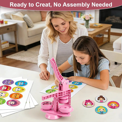 Blush Pink Button Maker Machine 58mm Pin Badge Press Tool With 30 Complete Sets And Sharp Cutter in use by a girl crafting badges.