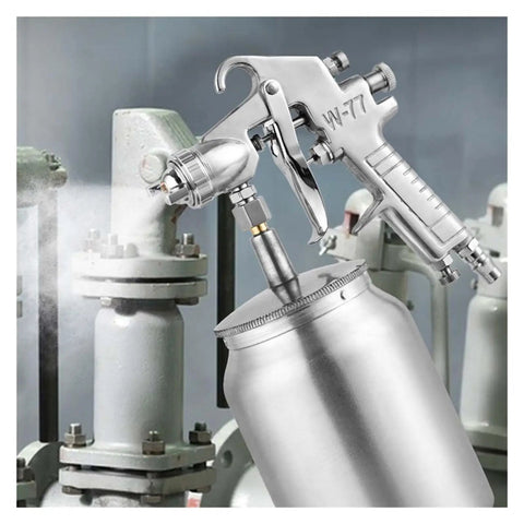 Straight Shooting Heavy Duty Pneumatic Paint Sprayer With Anti Rust Flow For Furniture Cars And Auto Parts Pro Gear showing silver spray gun in use.