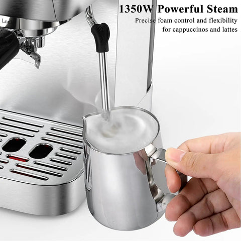 Top Shelf Compact Espresso Maker With 20 Bar Pressurized Pump And One Touch Milk Frother System in use with frothing pitcher.