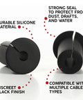 Two Pack Silicone Wall Bushing For Three Quarters Inch Holes Compatible With Starlink, close-up of black silicone material with split design for cable protection.