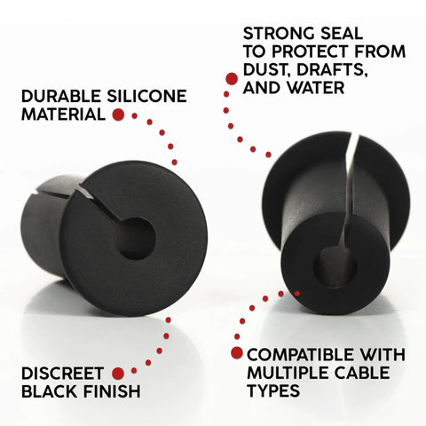 Two Pack Silicone Wall Bushing For Three Quarters Inch Holes Compatible With Starlink, close-up of black silicone material with split design for cable protection.