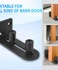 Beefed Up Barn Door Hardware Kit With Floor Guide And Adjustable Rollers For Whisper Quiet Sliding, wall-mounted guide in black.