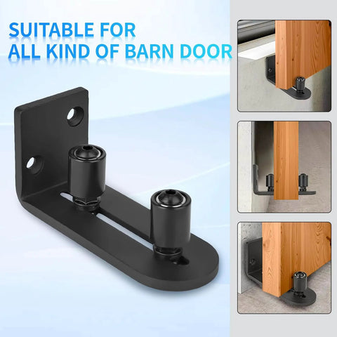 Beefed Up Barn Door Hardware Kit With Floor Guide And Adjustable Rollers For Whisper Quiet Sliding, wall-mounted guide in black.