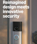 Badass Wired Doorbell Camera With 2K Video And Slick Nickel Silver Finish Featuring A Wide Angle Lens Six X Zoom mounted on a door.