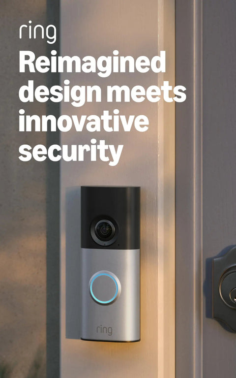 Badass Wired Doorbell Camera With 2K Video And Slick Nickel Silver Finish Featuring A Wide Angle Lens Six X Zoom mounted on a door.