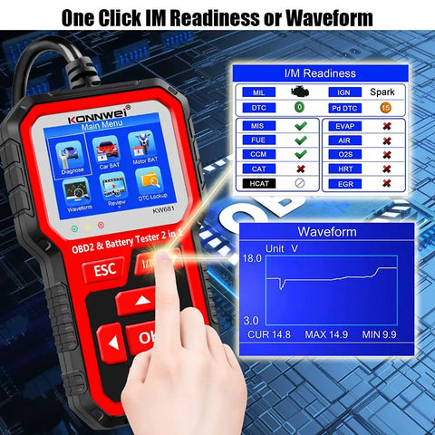 2 In 1 OBD2 Scanner And Battery Tester For 6V/12V Cars And Light Trucks, Car Diagnostic Scan Tool With Check Engine Codes, Live Data, O2 Sensor, Freeze Frame, Alternator Load Test displaying I/M readiness and waveform