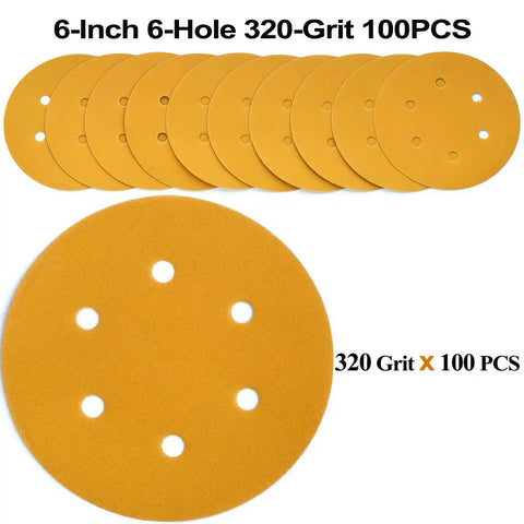 6 Inch Hook and Loop Sanding Discs 320 Grit, 6-Hole, Random Orbital Sandpaper Pack of 100 in stack, showing disc holes and grain texture.
