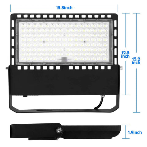 Outdoor Led Flood Light 200W With Bluetooth App Control front and side view with dimensions labeled for stadium and backyard lighting