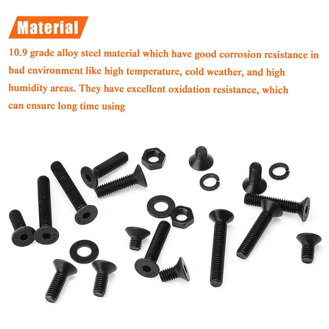 380 Piece M4 Socket Cap Screws Set With Countersunk Heads, Full Thread, Includes Hex Nuts, Lock Washers, 10.9 Grade Alloy Steel