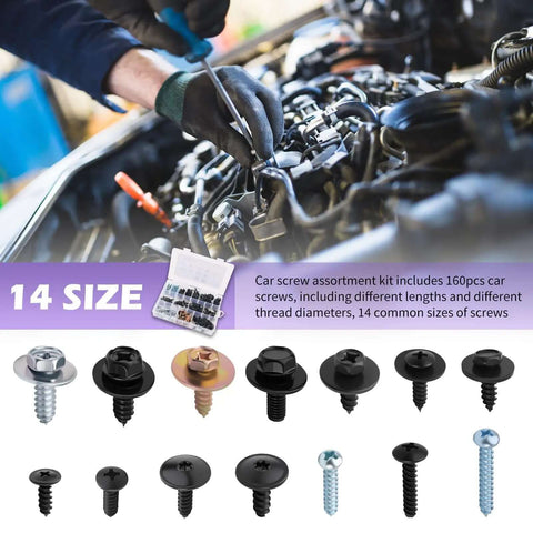 Mechanic using 160 Piece Metal Car Screw Kit With 14 Size Options Pan Head Self Tapping Screws DIY Friendly Retainer Clips