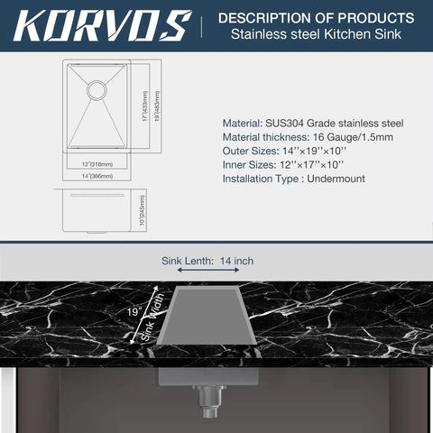Bar Sink Kitchen Sink 14x19 Workstation Ledge Undermount Single Bowl Made From 16 Gauge SUS304 Stainless Steel diagram