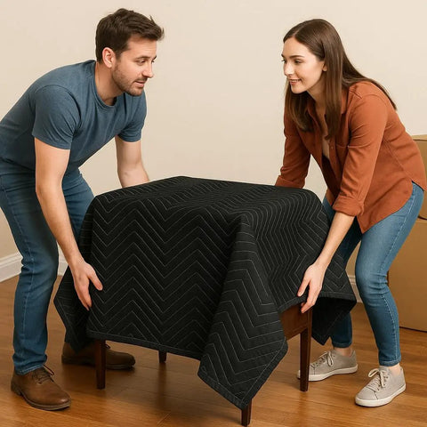 Two people moving a small table wrapped in Essentials Moving Blanket 40x72 Pro Quilted Furniture Pad For Movers And Packers