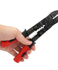 Close-up of ergonomic wire terminal crimping tool and wire stripper for insulated terminals M5 M4 M3.5 M3.0 M2.6 in hand