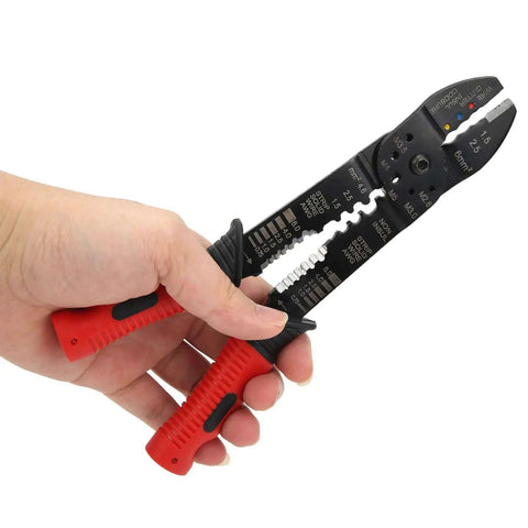 Close-up of ergonomic wire terminal crimping tool and wire stripper for insulated terminals M5 M4 M3.5 M3.0 M2.6 in hand