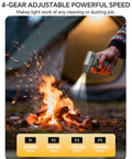 Hand using Powerful Cordless Air Duster With LED Display And Brushless Motor 150000 RPM on campfire for cleaning or dusting.