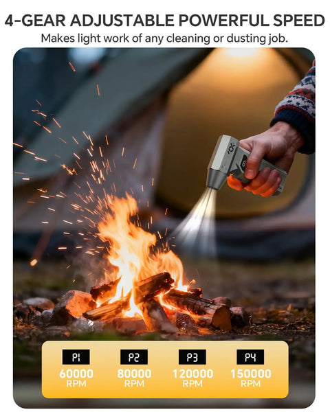 Hand using Powerful Cordless Air Duster With LED Display And Brushless Motor 150000 RPM on campfire for cleaning or dusting.