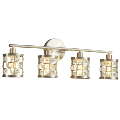4 Light Bathroom Vanity Light in Brushed Nickel with Cylinder Crystal Shades, modern wall lights over mirror, K9 crystal finish
