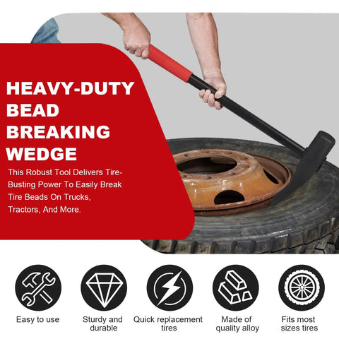Person using Heavy Duty Bead Breaker Tool For Tire Removal And Maintenance Rugged Bead Breaking Wedge on a truck tire