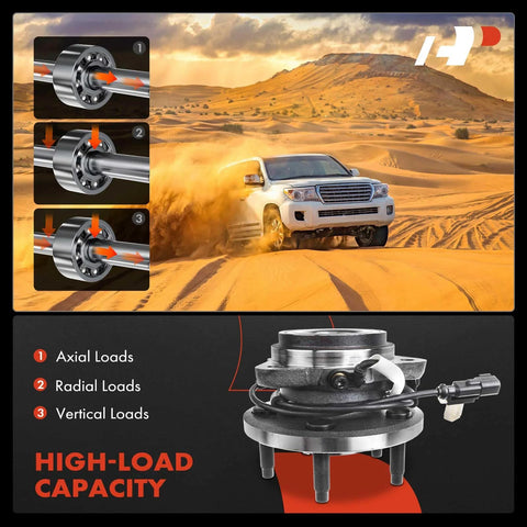 Front Wheel Bearing And Hub Assembly With ABS For Ford Ranger 2009-2011 And Mazda B4000 2003-2010 Four Wheel Drive Only 5 Lug Design High Load Roller Bearing For Smooth Ride And Easy Installation with illustrations of axial, radial, and vertical load distributions and a truck in desert terrain.