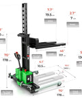 Heavy Duty Electric Walking Pallet Stacker Packs Rock Solid Two Thousand Two Hundred Pound Muscle For Smooth Operator Handling And Zero Hassle Material Moves To Keep Your Warehouse Running Smoothly with dimensions displayed.