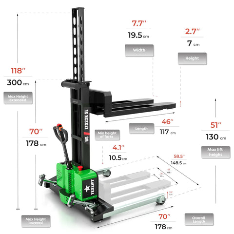 Heavy Duty Electric Walking Pallet Stacker Packs Rock Solid Two Thousand Two Hundred Pound Muscle For Smooth Operator Handling And Zero Hassle Material Moves To Keep Your Warehouse Running Smoothly with dimensions displayed.