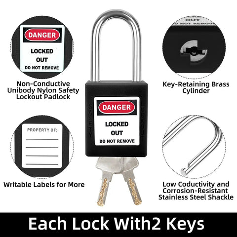 Solid As A Rock Five Piece Keyed Different Lockout Tagout Safety Padlock Set Black OSHA Approved Pads With Heavy Duty Stainless Shackle For Hard Hat Work Sites And Reliable Gear Lockdown
