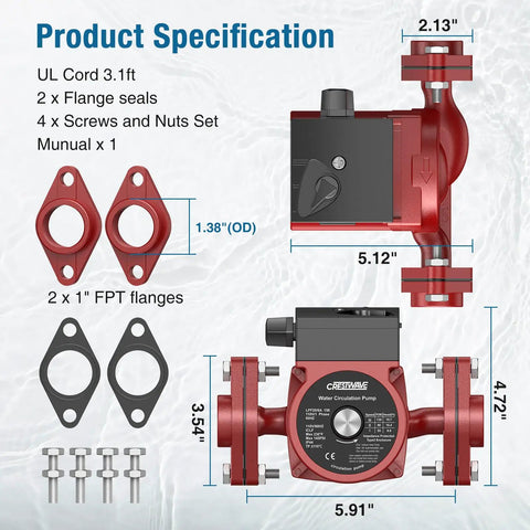 Kickass Versatile Hot Water Recirculating Pump With One Inch Threaded Pipe Flange Kit And Three Adjustable Speed Settings for specifications and connections