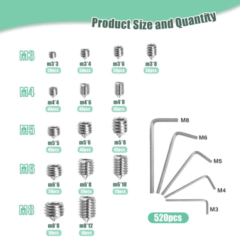 520Pcs Metric Allen Socket Set Screws Kit M3 To M8 In Durable 304 Stainless Steel Hex Head With 5 Hex Wrenches shown