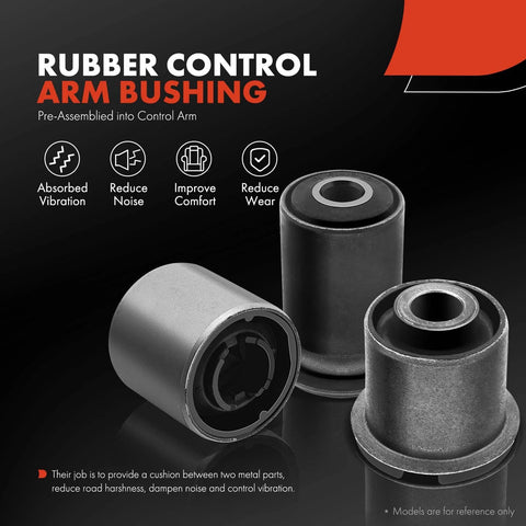 Rubber control arm bushings pre-assembled into control arm, showing vibration absorption and noise reduction.