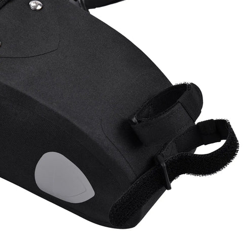 Close-up of black 10L Waterproof Bike Saddle Bag with Roll Top Closure, adjustable Velcro straps, reflective detail for night riding