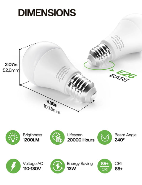 Dope Dusk To Dawn Outdoor LED A19 Light Bulbs 5000K Daylight White 13W 1200 Lumens Auto On Off Photocell Sensor Dimensions