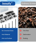 Comparison image of a 108-piece Pro Grade Drywall Screws Assortment Kit with six sizes and ordinary screws highlighting advantages.
