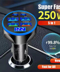 High Power USB C Car Charger 6 In 1 With Voltage Display 250W Multi Port Cigarette Lighter Adapter Ultra Fast Charge