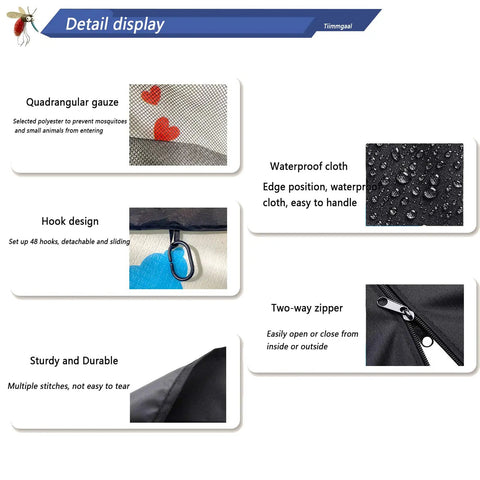 Detail view of Keeps Bugs Out Mosquito Netting For Gazebo Canopy Replacement with features like gauze, waterproof cloth, hook design, and zipper.