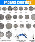 Package contents including 22 adapters and pneumatic brake caliper piston wind back tool kit with compression spreader.