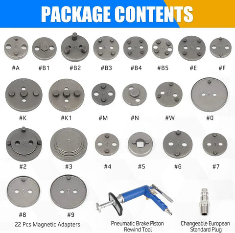 Package contents including 22 adapters and pneumatic brake caliper piston wind back tool kit with compression spreader.