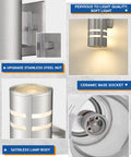 Outdoor Wall Sconce Waterproof Light Fixture For Porch And Patio Stainless Steel 304 Weatherproof Wall Mount UL Listed Toughened Glass Garden And Patio Lighting Built To Last With Efficient Heat Dissipation, featuring stainless steel body, soft light, and ceramic socket close-ups