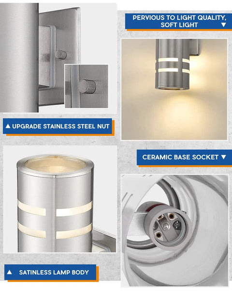 Outdoor Wall Sconce Waterproof Light Fixture For Porch And Patio Stainless Steel 304 Weatherproof Wall Mount UL Listed Toughened Glass Garden And Patio Lighting Built To Last With Efficient Heat Dissipation, featuring stainless steel body, soft light, and ceramic socket close-ups