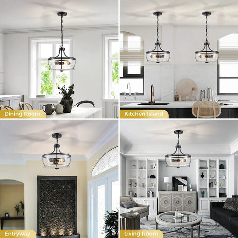 Firedanz 3-Light Glass Pendant Light, Height Adjustable in dining room, kitchen island, entryway, and living room settings.