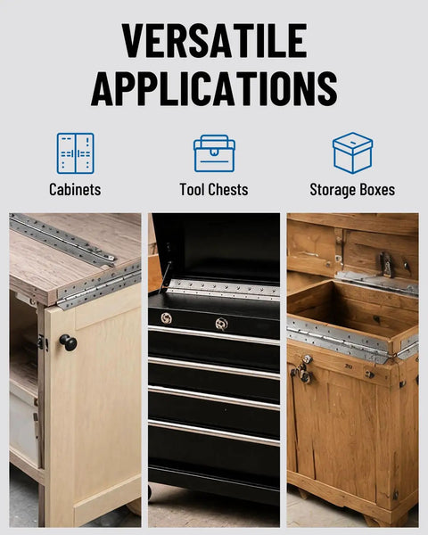 Heavy Duty Rock Solid Stainless Steel Continuous Piano Hinges 36 By 3 Inch Rust Proof Full Length Hardware on tool chests and cabinets.