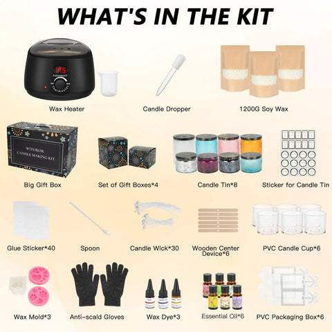 Complete DIY Candle Making Kit With Digital Soy Wax Melt Warmer, Jars, Wicks, Dyes, Essential Oils, Molds, Gloves, Spoon, Gift Box